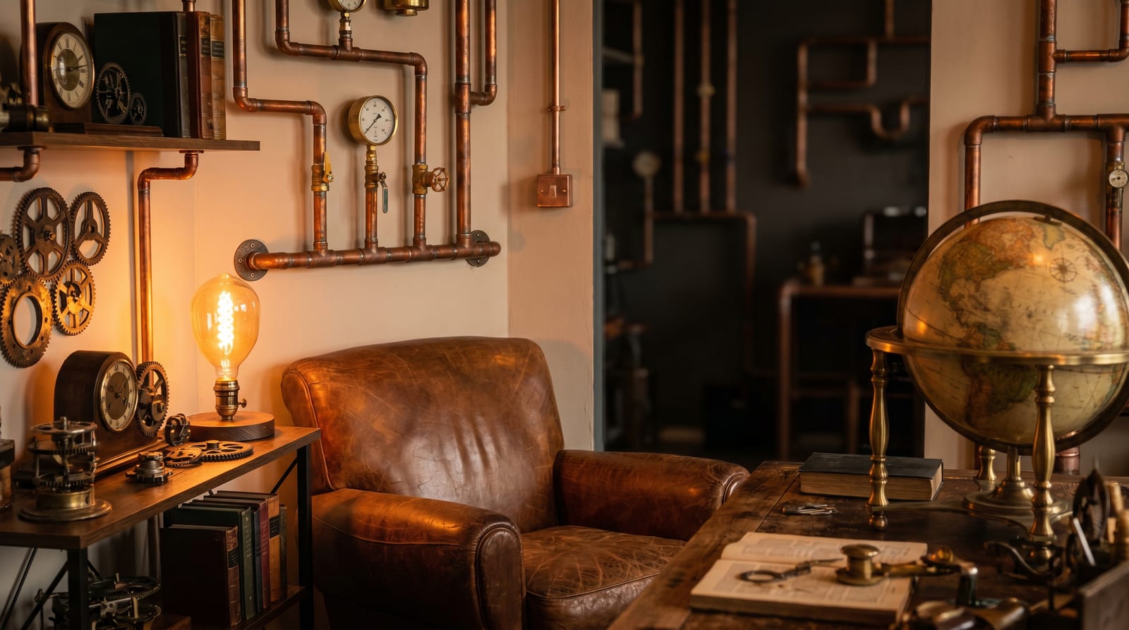 Interior în stil steampunk cu accente de alamă, țevi aparente, piele maro și un glob terestru vintage