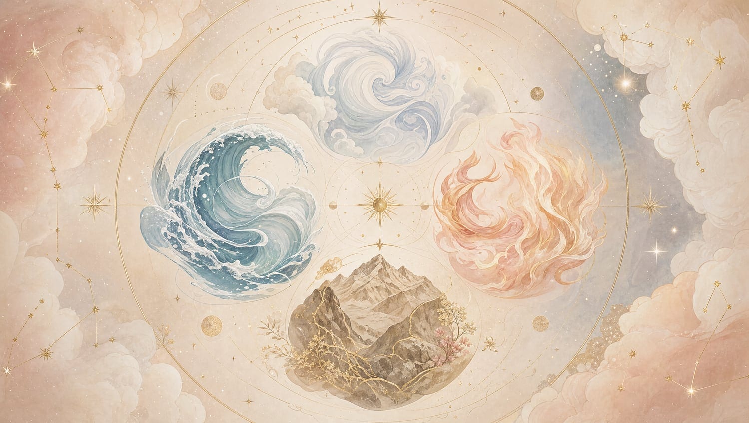 Cele patru elemente ale zodiilor: apă, aer, pământ și foc