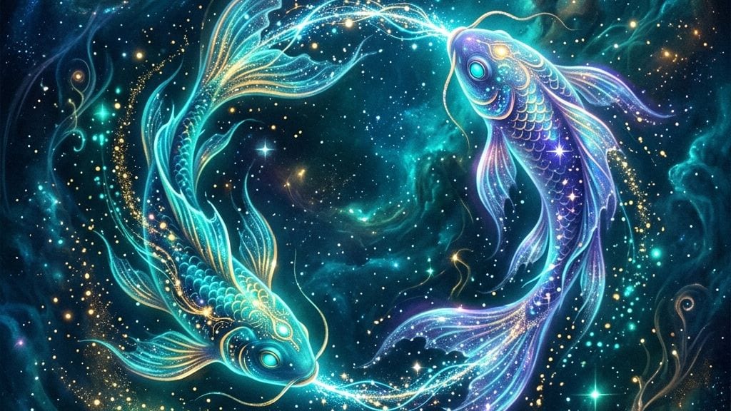 Ilustrație artistică și simbolică despre dragoste și compatibilitate pentru zodia Pești