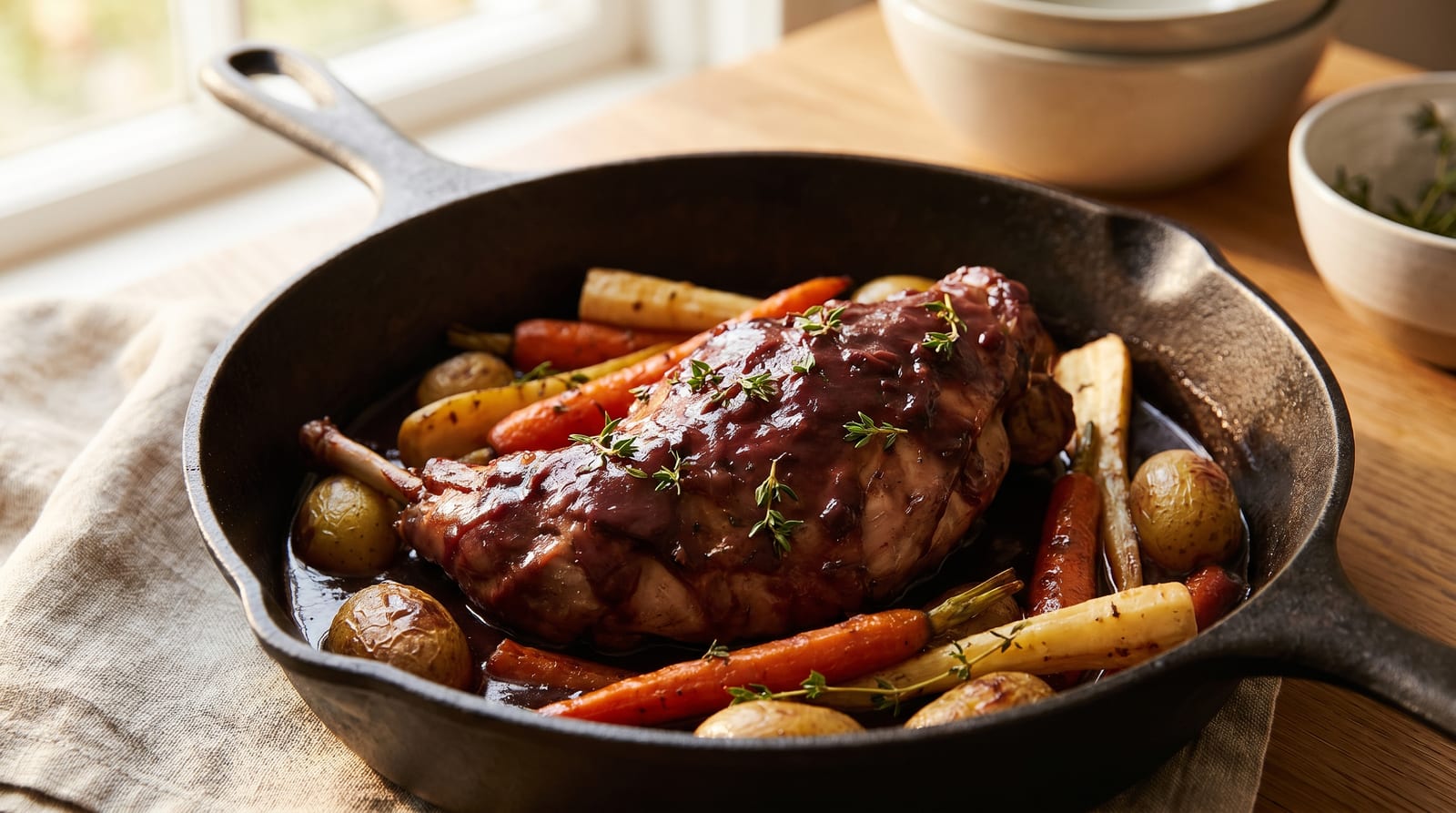 Friptură de iepure rumenită, fragedă, într-o tavă cu legume și sos de vin, garnisită cu cimbru