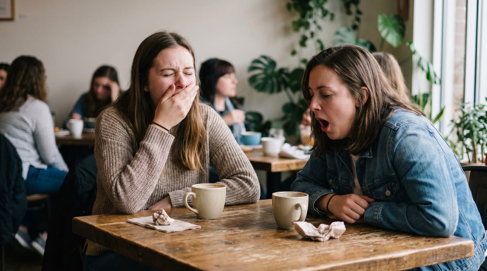 Două prietene la o cafea, una căscând iar cealaltă pe punctul de a casca molipsită