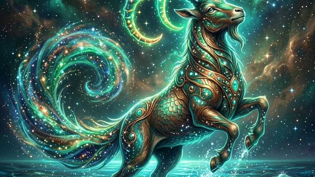 Reprezentare artistică și simbolică pentru zodia Capricorn într-un stil mistic și elegant