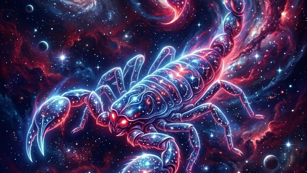 Reprezentare artistică și simbolică pentru zodia Scorpion într-un stil mistic și elegant