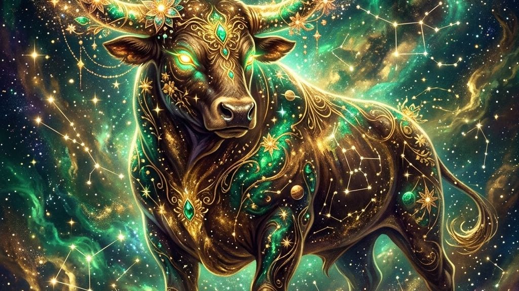 Reprezentare artistică și simbolică pentru zodia Taur într-un stil mistic și elegant