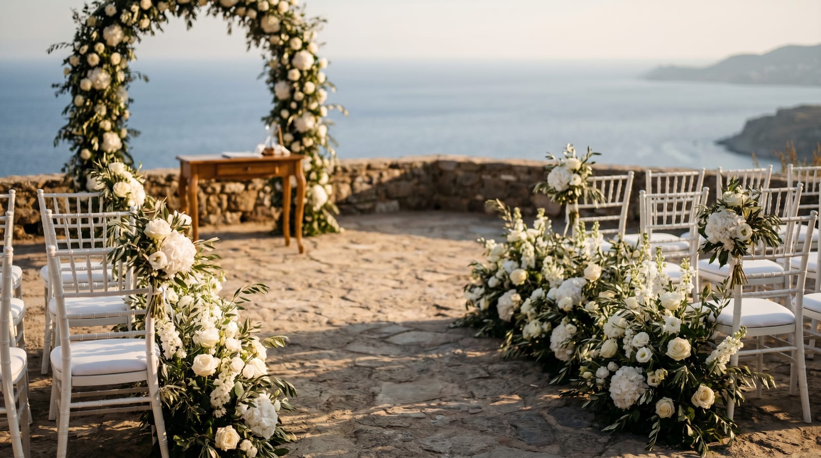 Ceremonie de nuntă intimă pe o terasă cu vedere la mare, decor alb și flori, la apus
