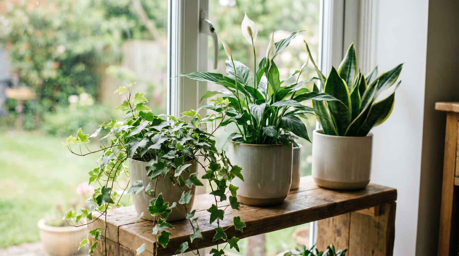 Plante de interior care purifică aerul, iederă, spatifilum și sansevieria, pe un raft luminos lângă fereastră