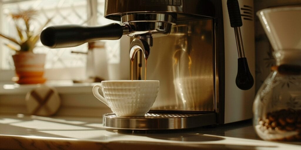 Espressor de cafea manual cu portafiltru pe blatul de bucătărie